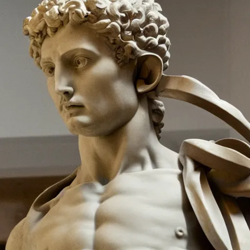 Image similar to A photo of Michelangelo's sculpture of David wearing headphones djing