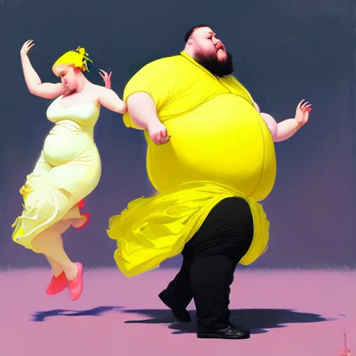 Image similar to a fat man in a yellow hazmat suit and a woman in a pink organza dress both dancing, in a messy laboratory, intricate, elegant, digital painting, concept art, smooth, sharp focus, illustration, from metal gear, by ruan jia and mandy jurgens and william - adolphe bouguereau, artgerm