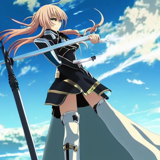 Prompt: key anime visual of a battle maiden dressed like saber, dynamic pose, dramatic pose, shield and sword, sky background.