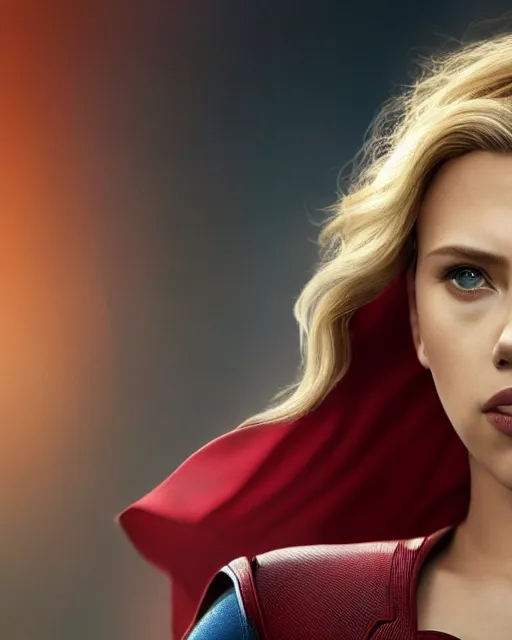 Prompt: scarlett johansson portraying a beautiful supergirl, beautiful scarlett johansson super girl, movie, hyper realistic, hollywood promotional image, imax, 8 k