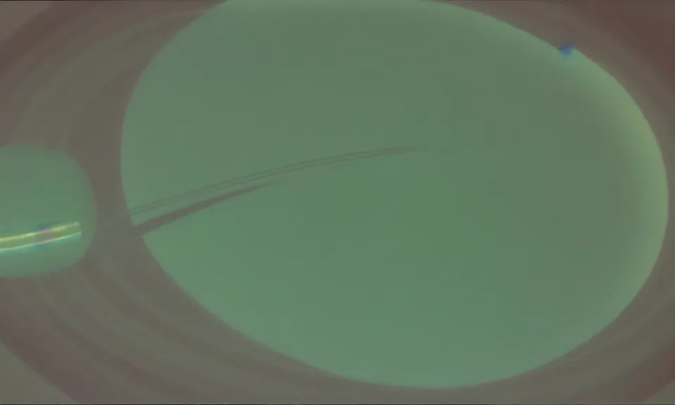 Image similar to 3 5 mm film still 7 0 s vivid color jade green concept art saturn in space