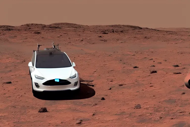 Image similar to highly realistic photo of elon musk riding a tesla on mars