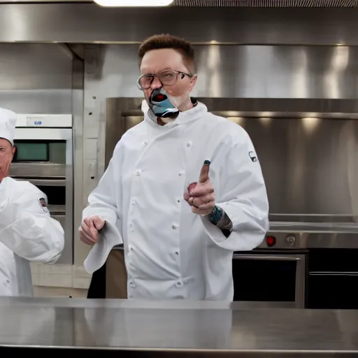 Prompt: Walter white in the kitchen with Elon musk 8k