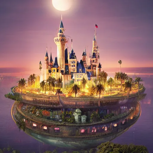 Image similar to the disney castle surrounded by giant palm trees on a giant floating island in the sky, a huge light bulb illuminates the island from above, night, cinematic, digital art by erik johansson, 8 k resolution, hyper detailed, sharp focus