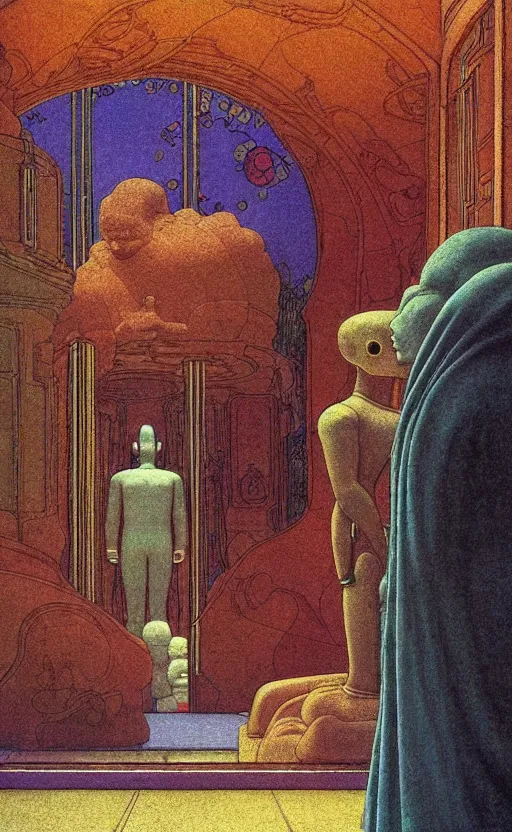 Prompt: hyperrealistic autochrome androids in a temple, a mind contemplating itself, i, epic, a masterpiece, fine art with subtle redshift rendering, in style of jugendstil, and maxfield parrish, maurice sendak, by moebius!!!