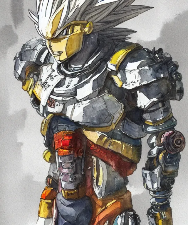 Image similar to a watercolor painting full body character portrait of a cyborg super saiyan knight in the style of cyberpunk in the style of moebius trending on artstation deviantart pinterest detailed realistic hd 8 k high resolution