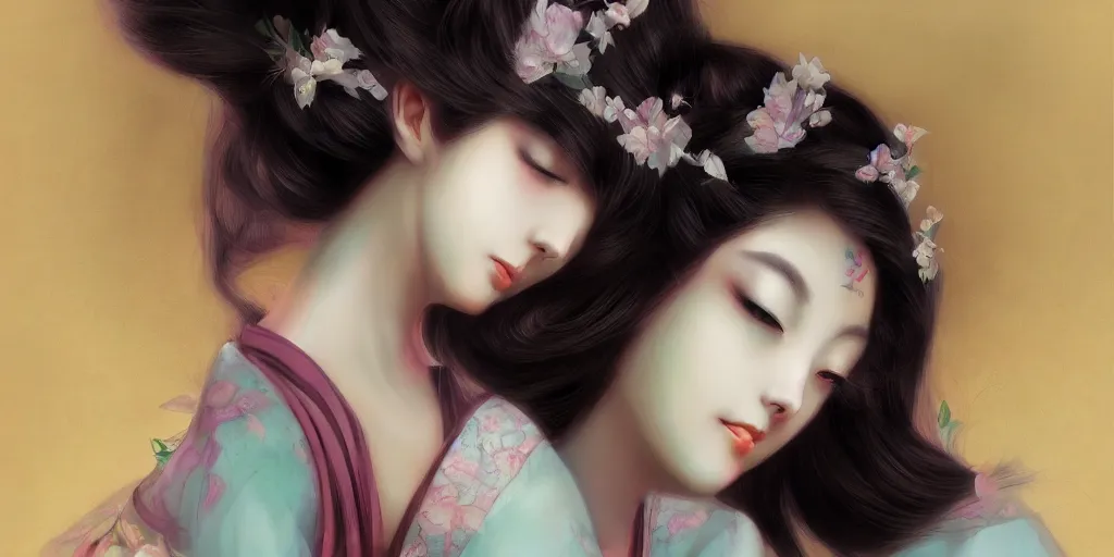 Prompt: Beautiful ethereal geisha prima ballerina, cute natural anime face, volumetric lighting, elegant, fluid, highly detailed oil painting, digital painting, concept art, smooth, sharp focus, illustration, strong lines and bold colors, limited color palette, atmosphere and tension, Japanese,manga, trending on artstation