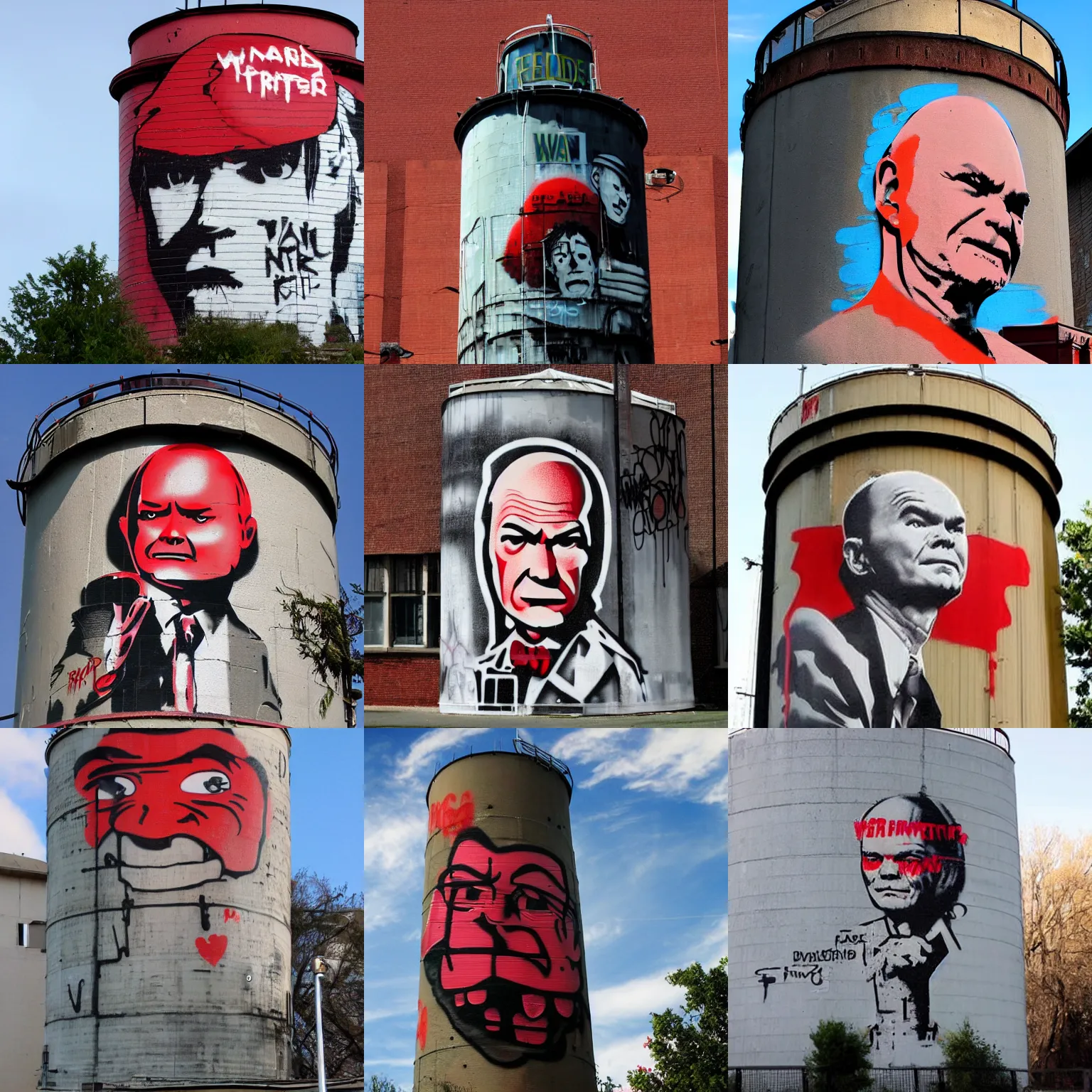Prompt: Graffiti on a Water Tower, Red Forman, Banksy