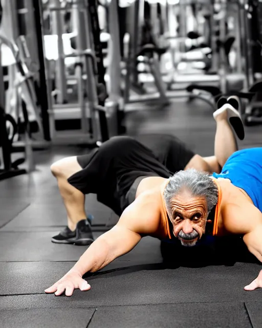 Image similar to a portrait of albert einstein working at the gym doing planks, highly detailed, trending on artstation, bokeh, 9 0 mm, f / 1. 4