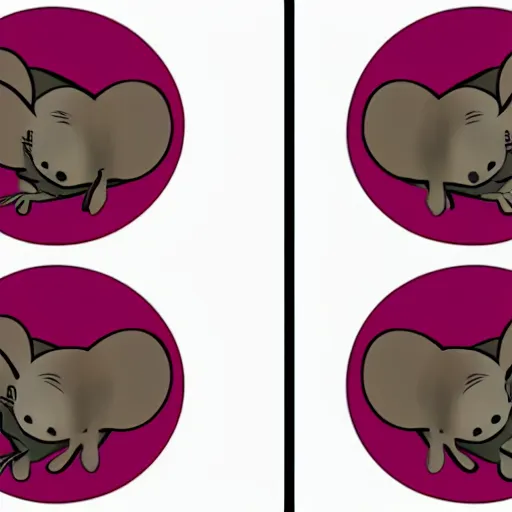 Prompt: a four panel illustration of four identical mice rotating in space with a black background