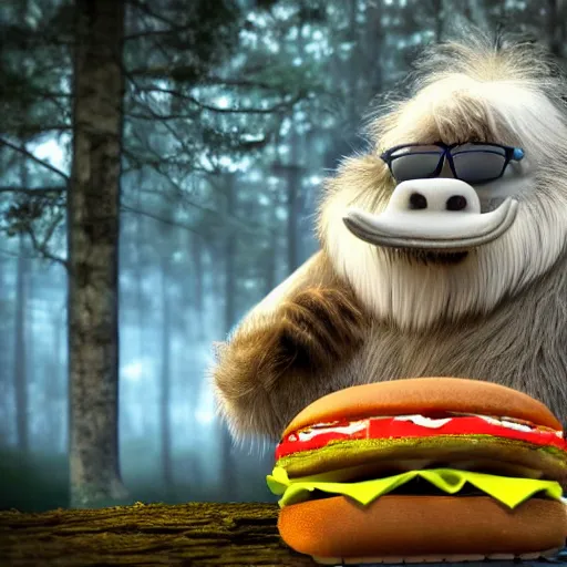 Prompt: anthropomorphic 3D yeti eating cheeseburger in forest