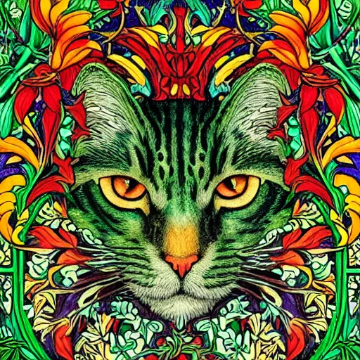 Image similar to colourful green man cat by walter crane and william morris, 8 k, artstation