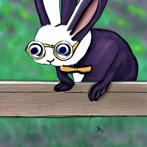 Image similar to a dapper bunny rabbit in formal wear with a monocle sitting on a park bench on a sunny day, digital art