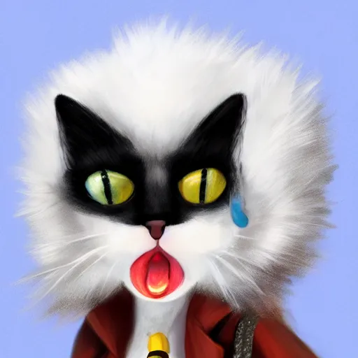 Image similar to graphic, hyperreal, portraiture illustration of a anthropomorphic ragdoll cat in different cool cosplay clothes, smiling, digital painting