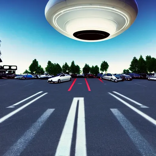 Image similar to a photo of a ufo parked amidst cars at a mall parking lot, misterious, volumetric lighting
