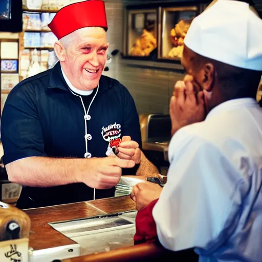 Image similar to a photograph of a real - life popeye the sailor man handing change to a customer at a popeye's chicken restaurant. he is behind the counter wearing a uniform, the customer is wearing khakis and a coat.