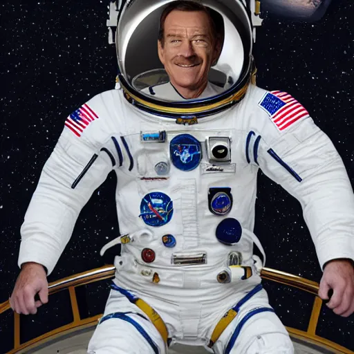 Prompt: photo of Bryan Cranston as an astronaut inside the international space station, happy face, floating, highly detailed face