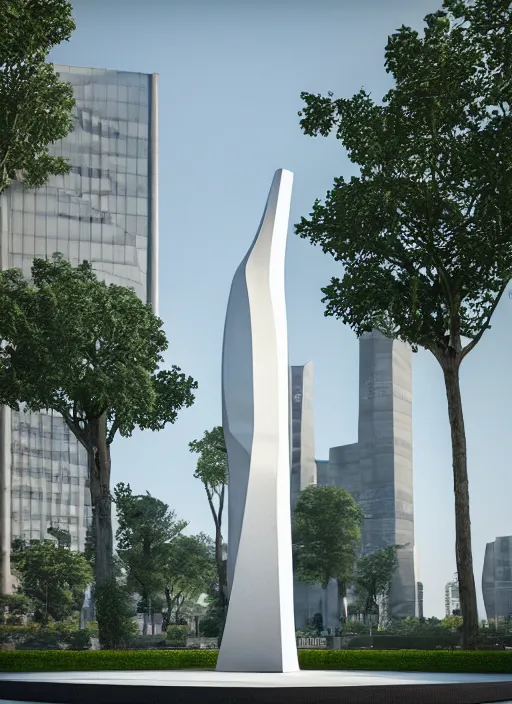 Image similar to highly detailed realistic architecture 3 d render of a futuristic stele monument in zaha hadid style standing in city park, archdaily, made in unreal engine 4 octane render