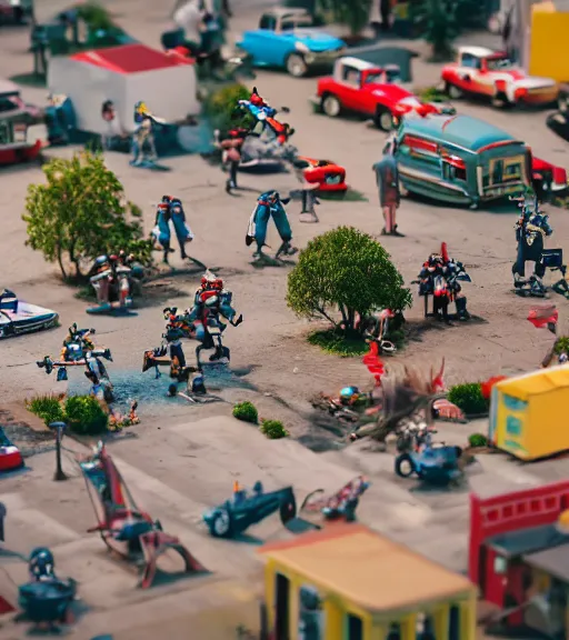 Image similar to high quality presentation photo of a a detailed miniature diorama of retro toy robots invading a detailed model of a 1950s town, photography 4k, f1.8 anamorphic, bokeh, 4k, Canon, Nikon