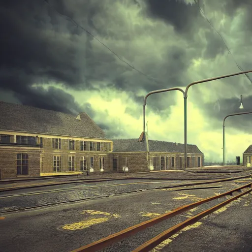 Image similar to Stormy sky with thunders, pipes and vaults system in the background, depth of field, blueshift render, photorealistic