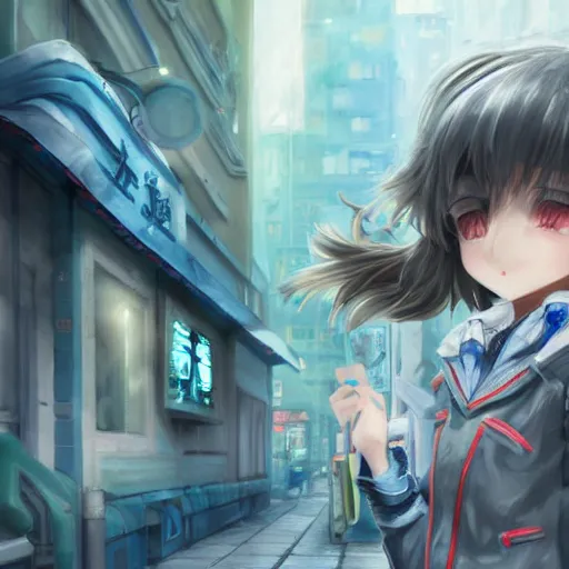 Image similar to dynamic composition, motion, ultra-detailed, incredibly detailed, a lot of details, amazing fine details and brush strokes, colorful and grayish palette, smooth, HD semirealistic anime CG concept art digital painting, watercolor oil painting of Clean and detailed post-cyberpunk sci-fi close-up schoolgirl in asian city in style of cytus and deemo, blue flame, relaxing, calm and mysterious vibes,, by a Chinese artist at ArtStation, by Huang Guangjian, Fenghua Zhong, Ruan Jia, Xin Jin and Wei Chang. Realistic artwork of a Chinese videogame, gradients, gentle an harmonic grayish colors. set in half-life 2, Matrix, GITS, Blade Runner, Neotokyo Source, Syndicate(2012), dynamic composition, beautiful with eerie vibes, very inspirational, very stylish, with gradients, surrealistic, dystopia, postapocalyptic vibes, depth of field, mist, rich cinematic atmosphere, perfect digital art, mystical journey in strange world