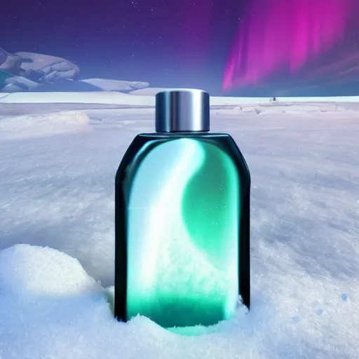 Prompt: perfume bottle buried in the snow under the northern lights