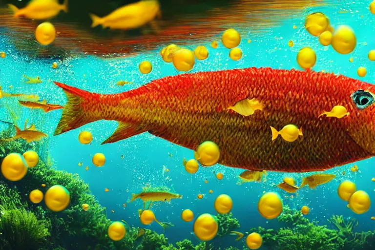 Prompt: ultra realistic underwater photography, panoramic picture of a river with ( subject : one single huge exotic brightly coloured fish ). lots of bubbles. wavy, scattered light entering from the water surface, artstation, focus on the fish, extremely detailed, hyperrealistic crisply sharp fish, 8 k