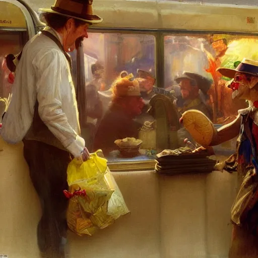 Image similar to a clown selling goodies on the train, highly detailed painting by gaston bussiere, craig mullins, j. c. leyendecker 8 k