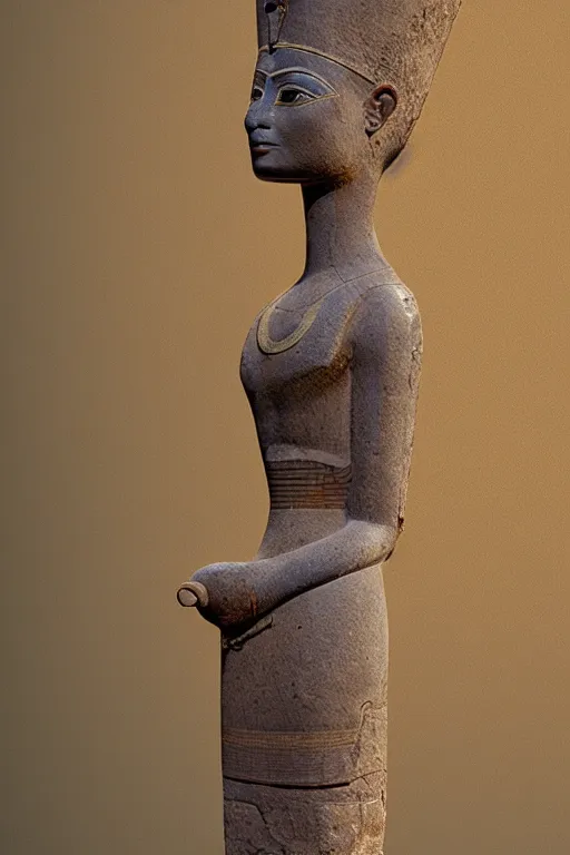 Prompt: ultrarealistic rendering of a statue from Nefertiti made with clay with high level of conservation, egyptian style