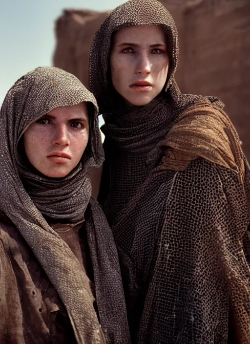 Prompt: cinestill 5 0 d photographic portrait by steve mccurry of two loving female androids wearing rugged black mesh techwear on a desolate plain, extreme closeup, modern cyberpunk, dust storm, 8 k, hd, high resolution, 3 5 mm, f / 3 2, ultra realistic faces, ex machina