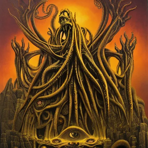 Image similar to monstrous and twisted cathedral with a statue to a many eyed, veiny and four armed cthulhu, slimy tentacles twisting in lotus position. in the style of hr giger and zdzisław beksinski and frank frazetta. golden hour, gloomy. biomechanical oil painting horror gothic hyperrealistic detail