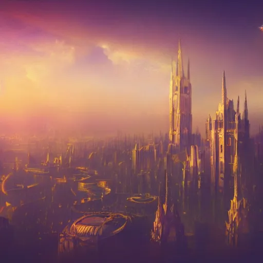 Image similar to pastel, baroque utopian cityscape in the sky, sci-fi, dreamlike, surreal, angels, misty, cinematic, 8k,