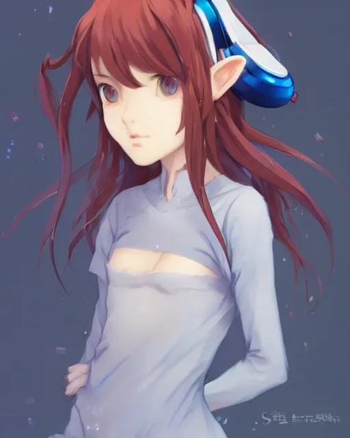 Image similar to a russian blue cat wearing a VR headset, !dream an attractive young female elf with long flowing auburn hair, standing on the beach on the ground front facing, looking at camera, blue water, anime. By Makoto Shinkai, Stanley Artgerm Lau, WLOP, Rossdraws, James Jean, Andrei Riabovitchev, Marc Simonetti, krenz cushart, Sakimichan, trending on ArtStation, digital art.