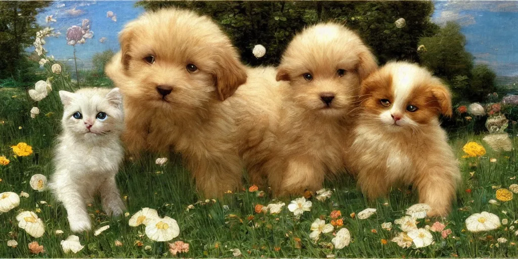 Image similar to 3 d precious moments plush puppy and kitten with realistic fur and gold, white, pastel blue, deep greencolor scheme, field of flowers, petals falling, master painter and art style of john william waterhouse and caspar david friedrich and philipp otto runge