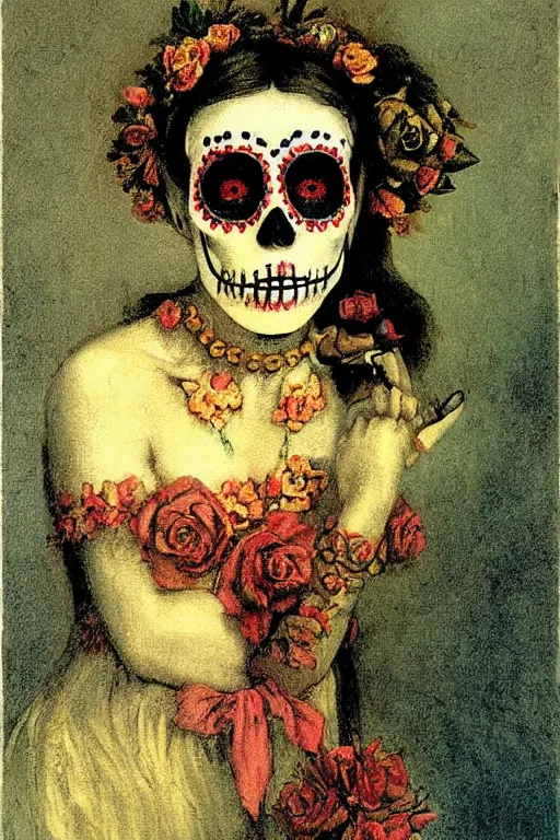 Image similar to Illustration of a sugar skull day of the dead girl, art by arnold bocklin