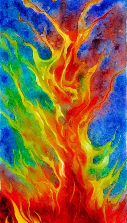 Prompt: water color painting of fire and water mixing together, conveying a sense of balance inspired by the Temperance tarot card, smooth brush strokes