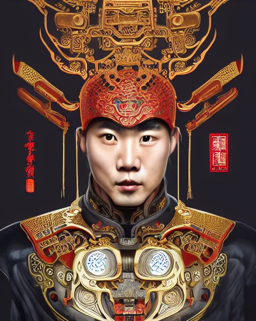 Image similar to portrait of a chinese masculine male cyberpunk machine, machine face, upper half portrait, decorated with chinese opera motifs, muscular, asian, fine china, wuxia, traditional chinese art intricate intense elegant 京 剧 highly detailed symmetry headpiece digital painting artstation concept art smooth sharp focus illustration, art by artgerm and greg rutkowski alphonse mucha 8 k