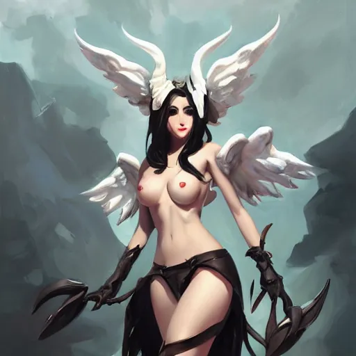 Image similar to greg manchess portrait painting of albedo from nazarick with dark long hair and white horns and wings as overwatch character, medium shot, asymmetrical, profile picture, organic painting, sunny day, matte painting, bold shapes, hard edges, street art, trending on artstation, by huang guangjian and gil elvgren and sachin teng