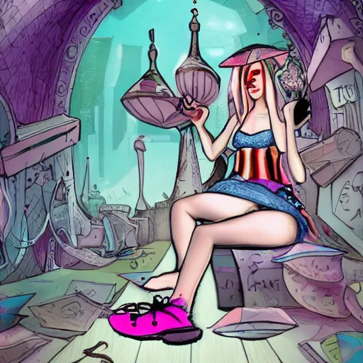 Prompt: alice in wonderland barefoot, cyberpunk style