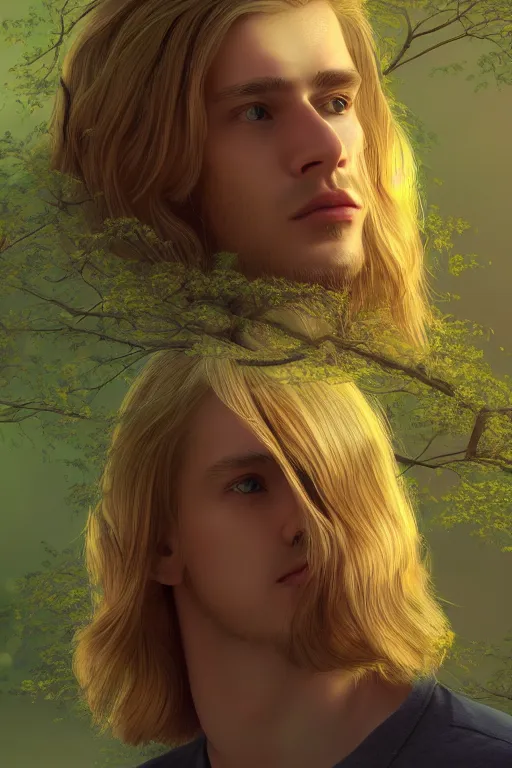 Image similar to pretty young man with long golden blond hair, demure, slender, lose, symmetrical face, trees, detailed forest background, webtoon, breathtaking scenery, colourful, 8 k, graphic novel, digital art trending on artstation, volumetric lighting, octane render, cinematic, hyper detailed, magical atmosphere, realistic