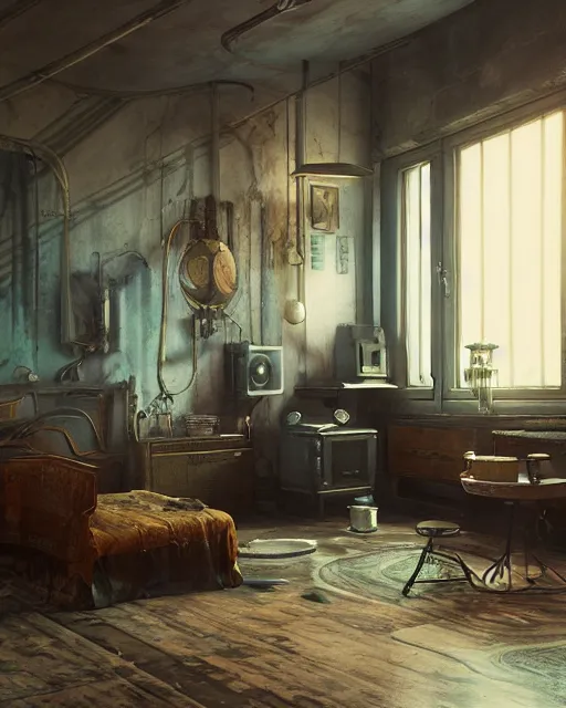 Image similar to artstation scifi scene of a shabby american room in 1 9 2 0 s, lounge furniture, large terrarium, beds, paneled walls, unreal engine 5, hyper realism, realistic shading, cinematic composition, blender render, octane render, hdr, detailed textures, photorealistic, wide shot