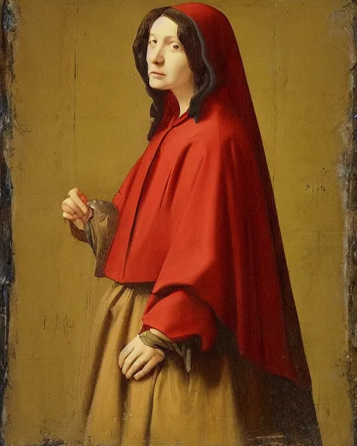 Prompt: a painting of a woman wearing a red cloak, a flemish baroque by petrus christus, unsplash, renaissance, da vinci, pre - raphaelite, studio portrait