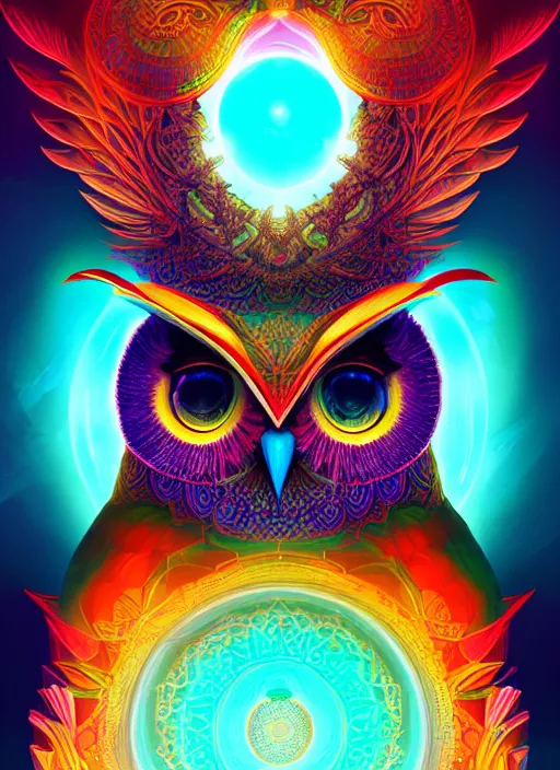 Image similar to symmetry!! product render poster vivid colors divine proportion owl, 神 圣, glowing fog intricate, elegant, highly detailed, digital painting, artstation, concept art, smooth, sharp focus, illustration,