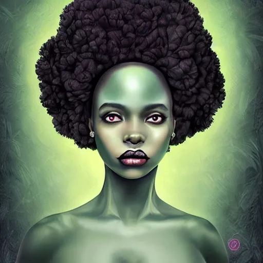 Image similar to portrait of a black woman with an afro ,inspired by Natalie Shau, Anna dittmann, plants growing on the head, horns,cinematic