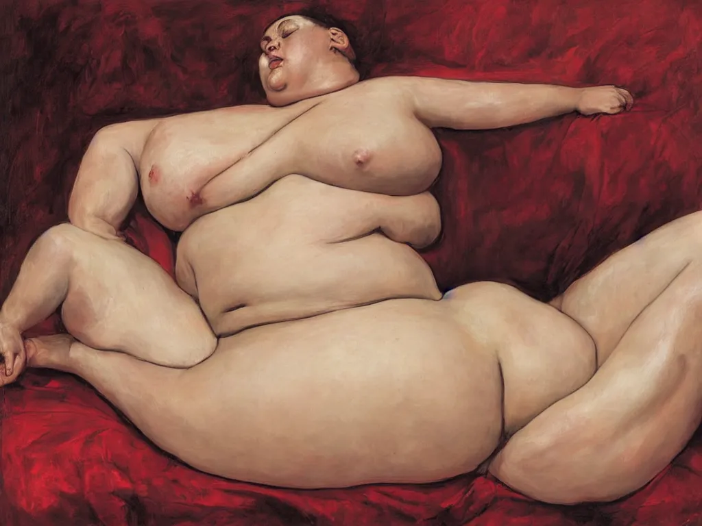 Prompt: Jenny Saville curvy female body on a red bed
