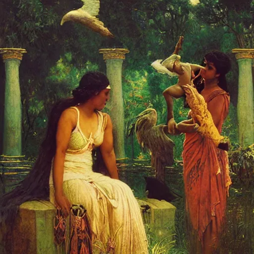 Image similar to sri lankan womans sacrifising thier children to giant crow, painting by gaston bussiere, craig mullins, j. c. leyendecker, lights, art by ernst haeckel, john william godward, hammershøi,,