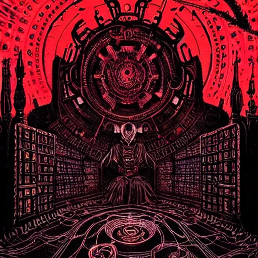 Image similar to red curtains, black paper + tarot card + eldritch god, vintage detailed sci-fi illustration designed by Marc Simonetti and Mike Mignola + psychedelic black light style + intricate ink illustration + symmetry + bloodborne, dark and mysterious, atmospheric, ominous, eerie, cinematic, 4k, ultra detail, ultra realistic