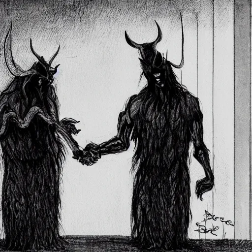 Image similar to two demons shaking hands and looking at the camera, dark, nightmare fuel, scary, horror,