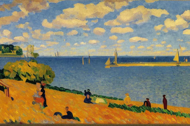 Prompt: A vivid landscape painting of the Chesapeake bay in the fall, bathed in golden light, peaceful, sailboats, birds in the distance, golden ratio, fauvisme, art du XIXe siècle, figurative oil on canvas by André Derain, Albert Marquet, Auguste Herbin, Louis Valtat, Musée d'Orsay catalogue