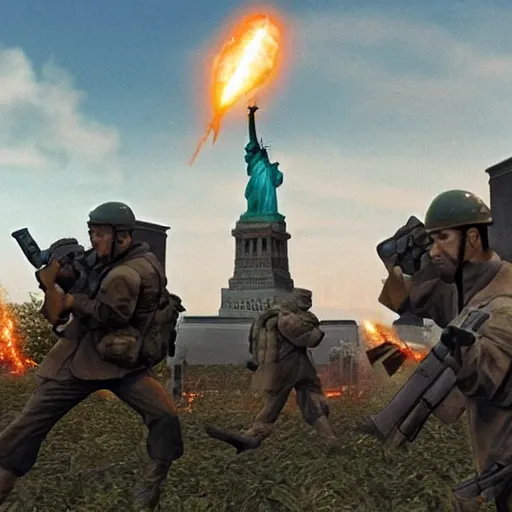 Image similar to The war between the Soviet Union and America, the action takes place in New York, far away against the background of the Statue of Liberty, a lot of soldiers and military equipment, a lot of explosions and tracer bullets, a lot of ruins, a very epic battle, The style of photography of the 80s